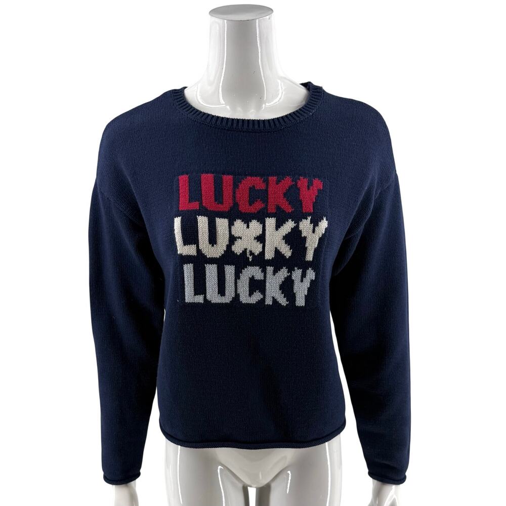 Lucky Brand Womens Pullover Spell Out Sweater Size Small Navy Blue Red NEW